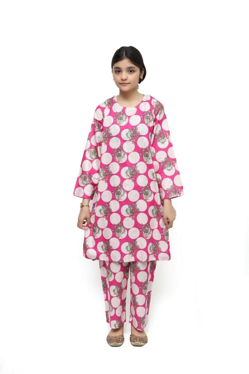 Plum Digital Lawn Pink Colour Printed Beige Green Flowers On 2 Pc stitched suit for Girls. thumbnail