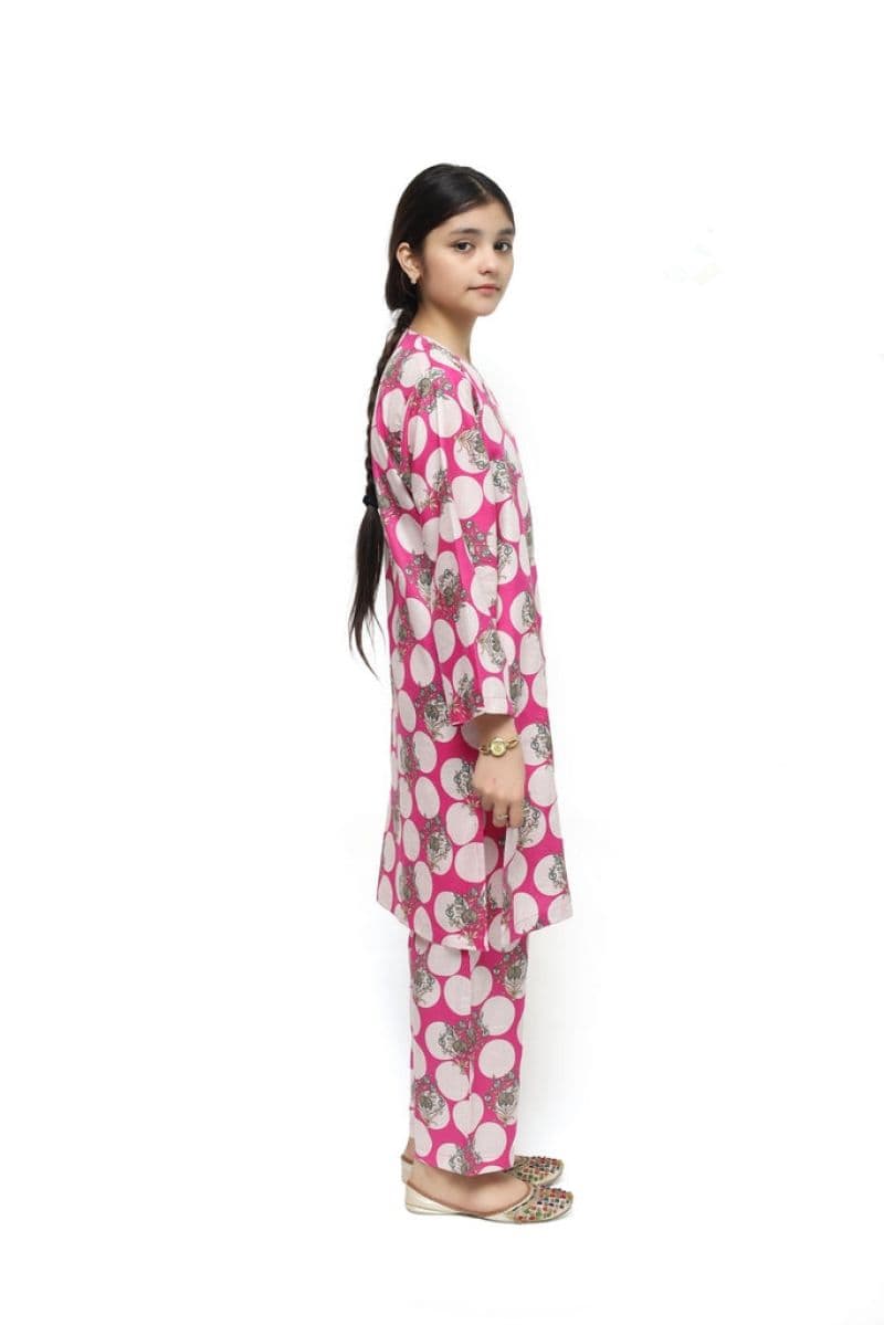 Plum Digital Lawn Pink Colour Printed Beige Green Flowers On 2 Pc stitched suit for Girls. thumbnail