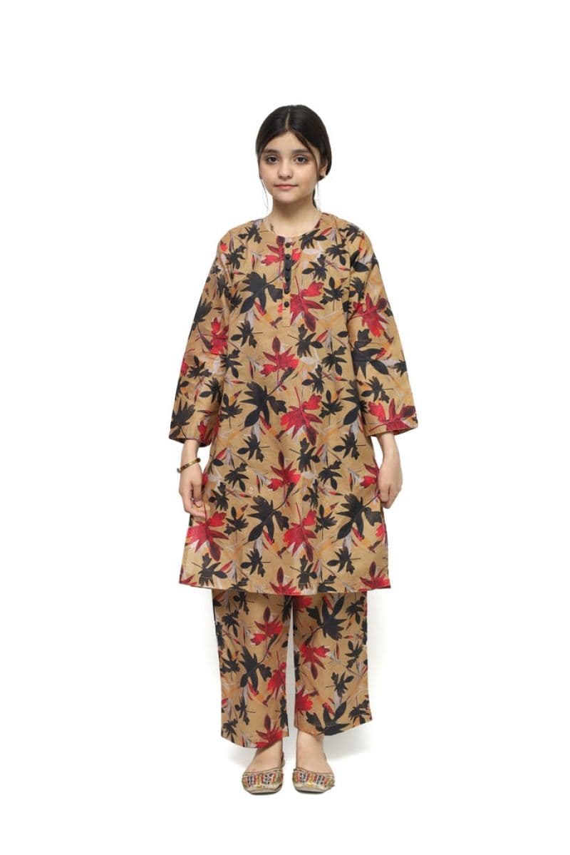 Plum Digital Lawn Brown Colour Printed Red White Black Leaves with Black Buttons On 2 Pc stitched suit for Girls. thumbnail