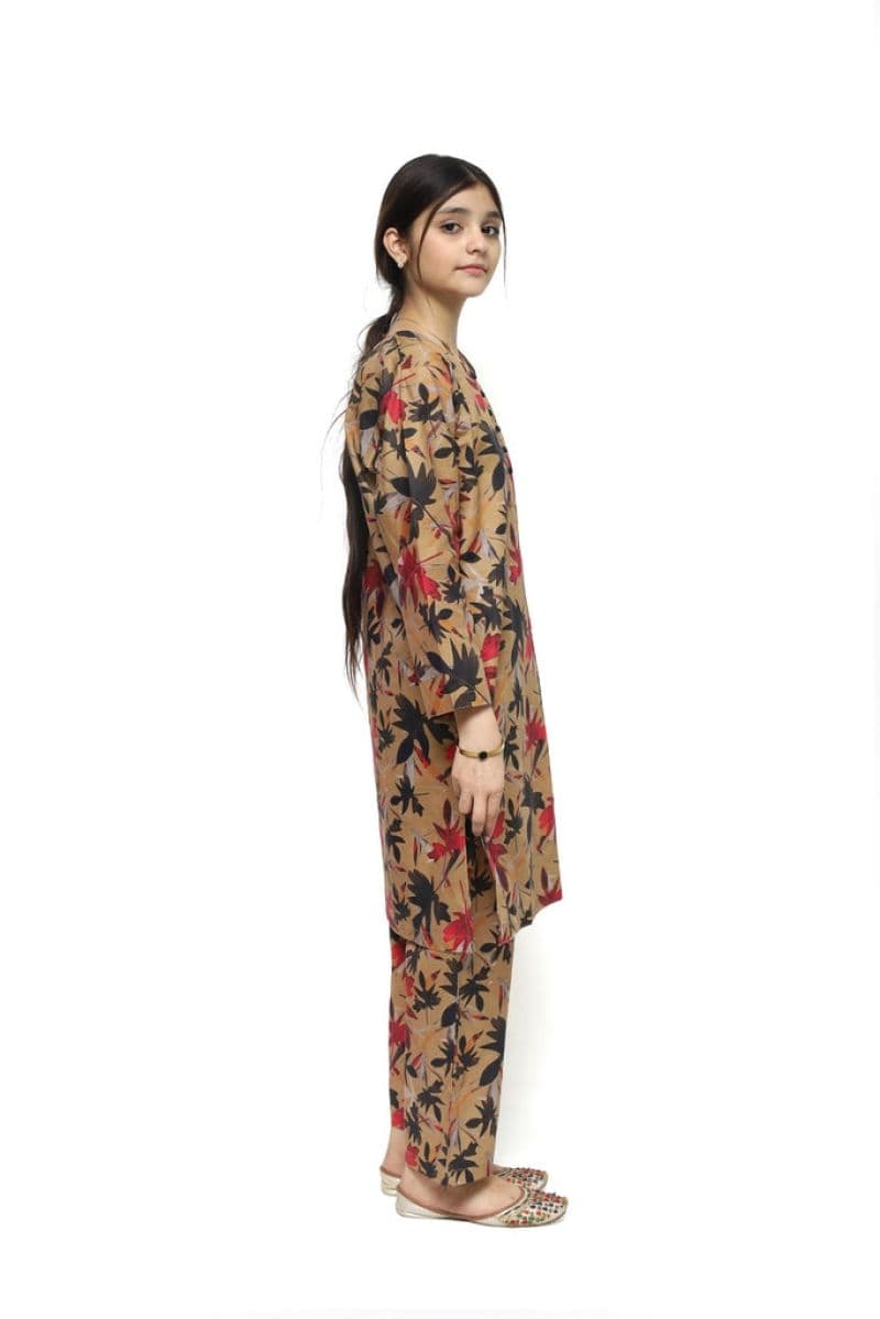 Plum Digital Lawn Brown Colour Printed Red White Black Leaves with Black Buttons On 2 Pc stitched suit for Girls. thumbnail