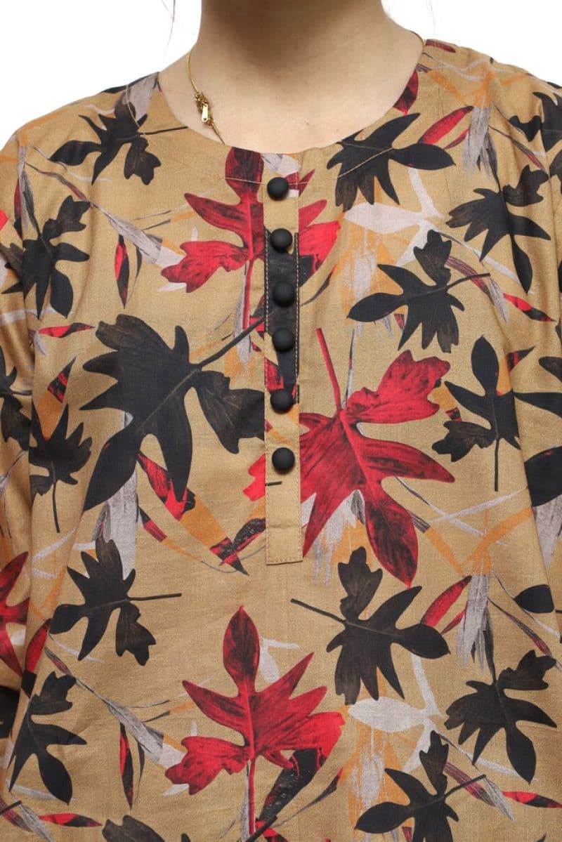 Plum Digital Lawn Brown Colour Printed Red White Black Leaves with Black Buttons On 2 Pc stitched suit for Girls. thumbnail