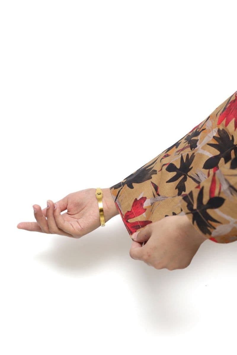 Plum Digital Lawn Brown Colour Printed Red White Black Leaves with Black Buttons On 2 Pc stitched suit for Girls. thumbnail