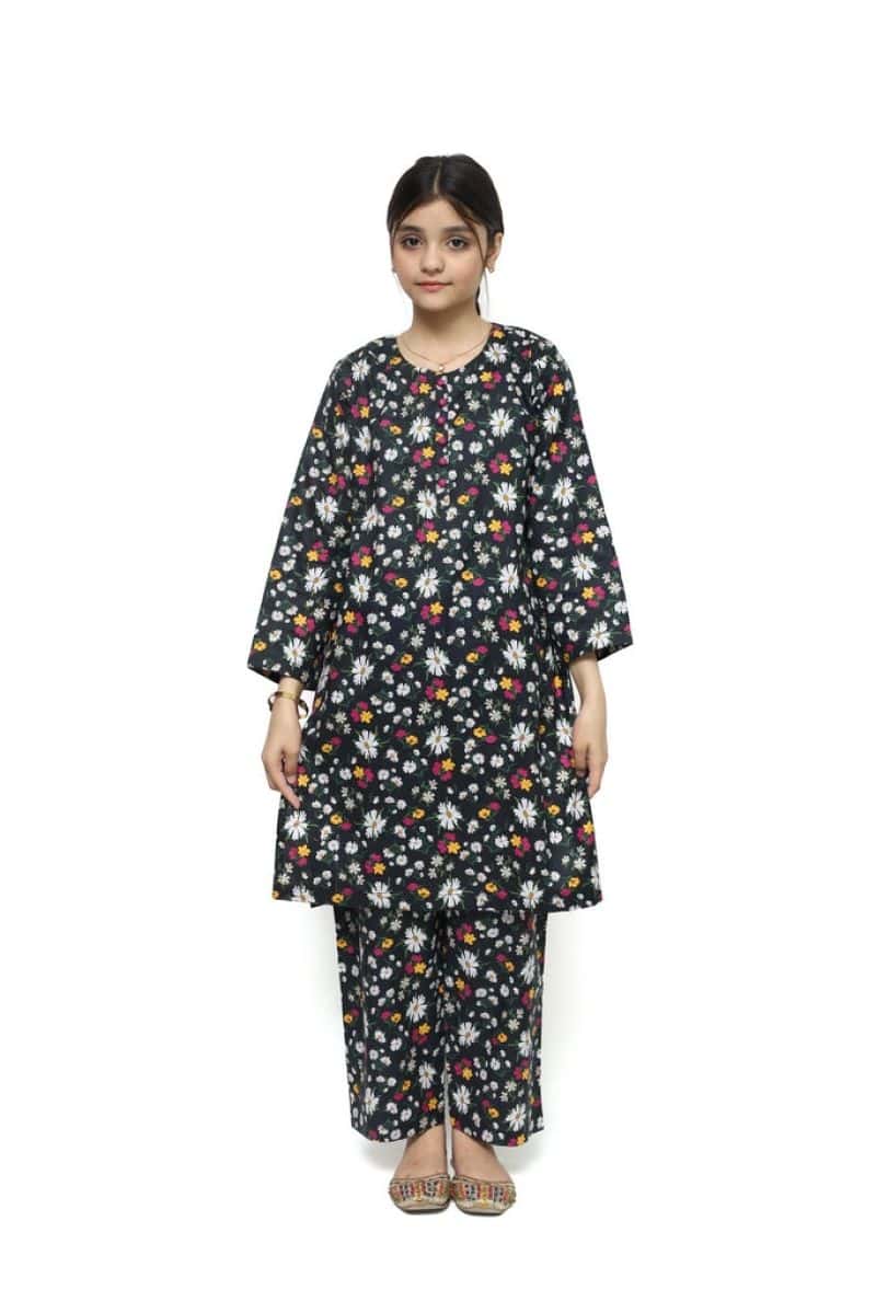 Plum Digital Lawn Black Colour Printed Pink White Yellow Flowers with Purple Buttons on 2 Pc stitched suit for Girls