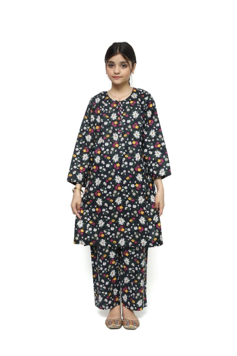 Plum Digital Lawn Black Colour Printed Pink White Yellow Flowers with Purple Buttons on 2 Pc stitched suit for Girls thumbnail