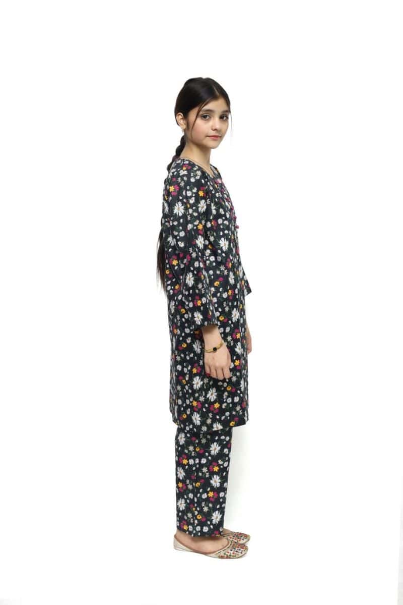 Plum Digital Lawn Black Colour Printed Pink White Yellow Flowers with Purple Buttons on 2 Pc stitched suit for Girls - alternate view