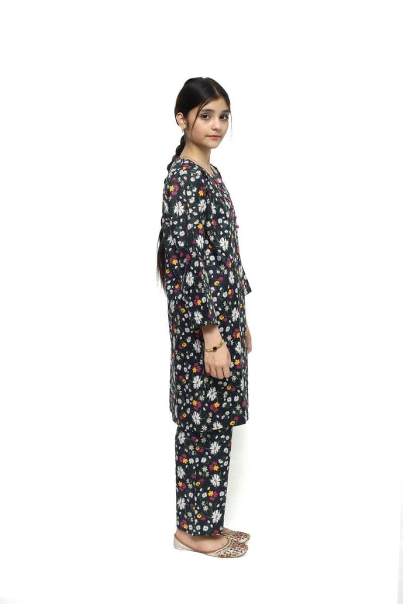 Plum Digital Lawn Black Colour Printed Pink White Yellow Flowers with Purple Buttons on 2 Pc stitched suit for Girls thumbnail
