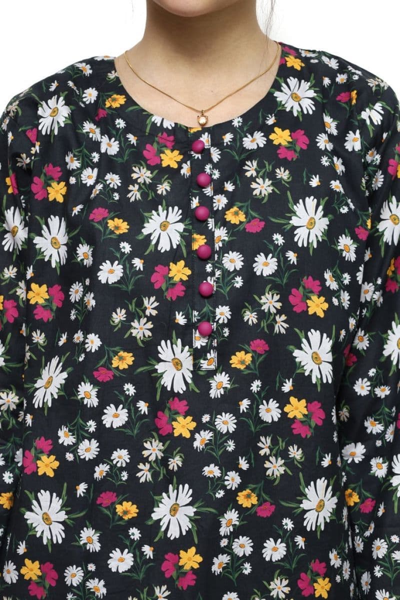 Plum Digital Lawn Black Colour Printed Pink White Yellow Flowers with Purple Buttons on 2 Pc stitched suit for Girls thumbnail