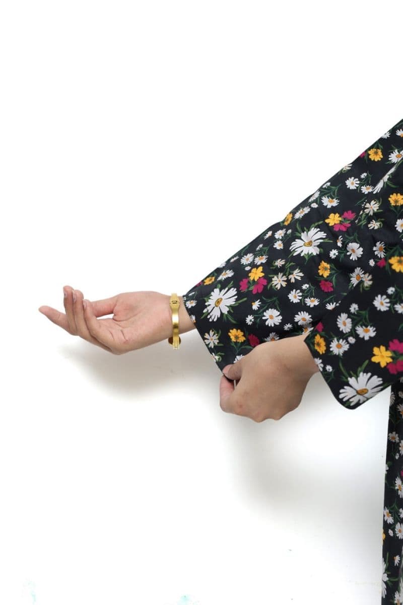 Plum Digital Lawn Black Colour Printed Pink White Yellow Flowers with Purple Buttons on 2 Pc stitched suit for Girls thumbnail