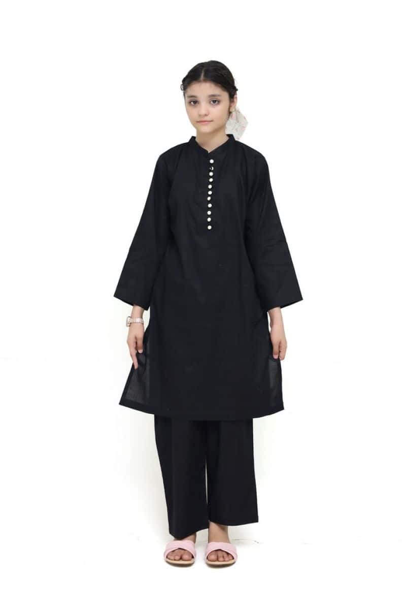 Plum 100% Lawn Black Colour with Beige buttons On 2 Pc stitched suit for Girls.