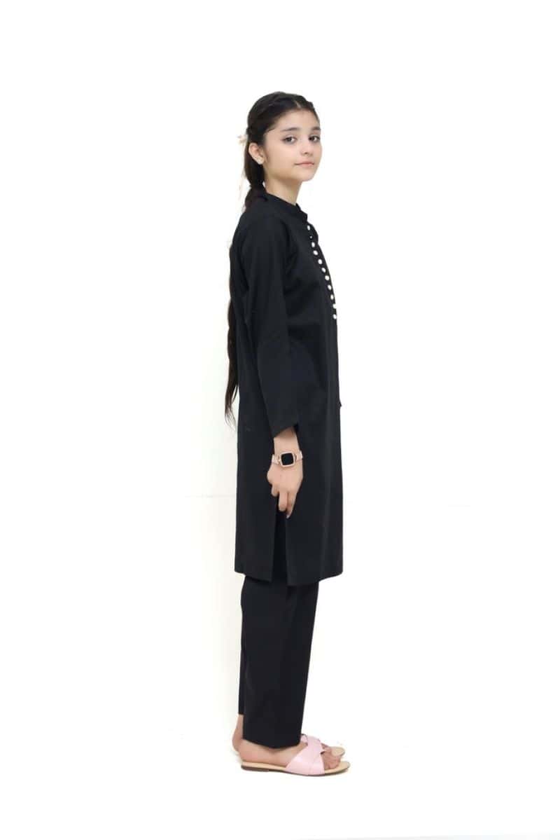 Plum 100% Lawn Black Colour with Beige buttons On 2 Pc stitched suit for Girls. - alternate view