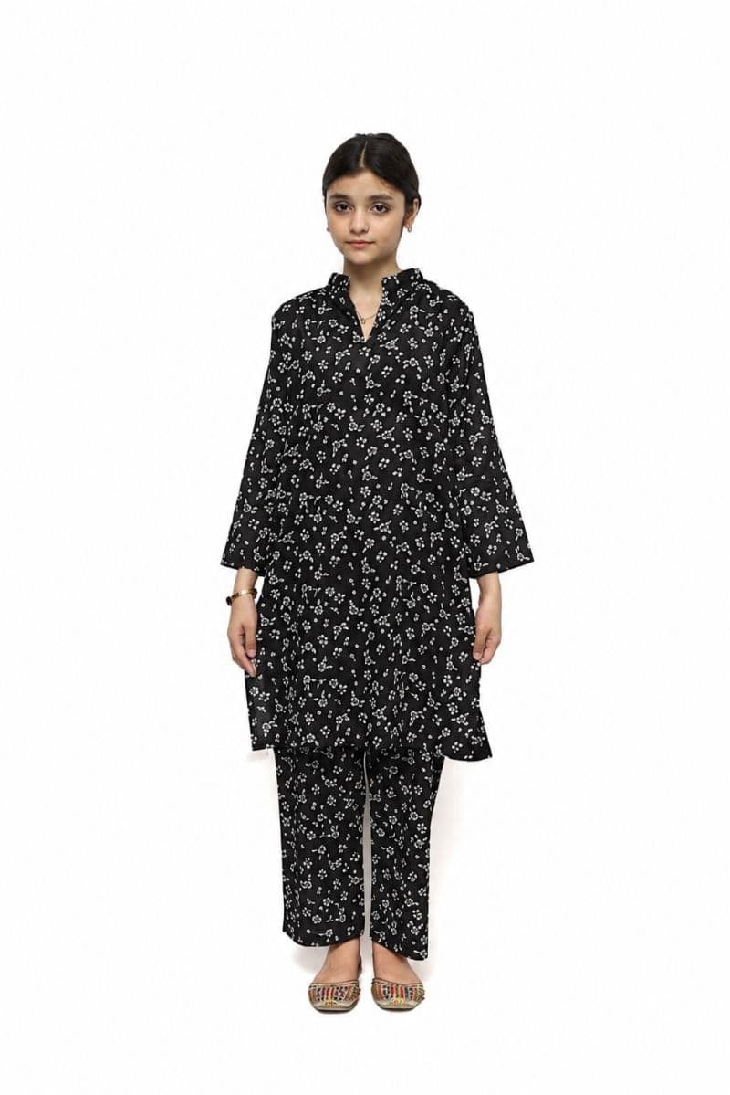 Plum Digital Lawn Black Colour Printed White Flowers On 2 Pc stitched suit for Girls. thumbnail