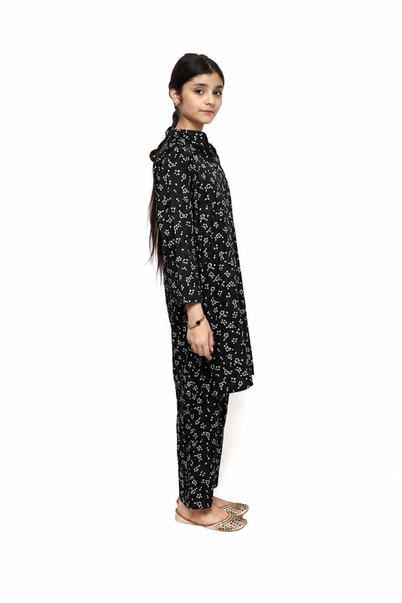 Plum Digital Lawn Black Colour Printed White Flowers On 2 Pc stitched suit for Girls. thumbnail