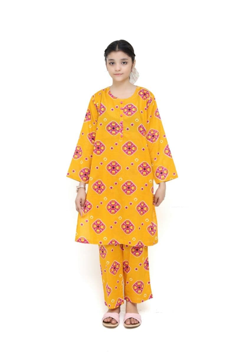 Plum Digital Lawn Yellow Colour Printed Pink Orange Patterns with Pink buttons On 2 Pc stitched suit for Girls. thumbnail