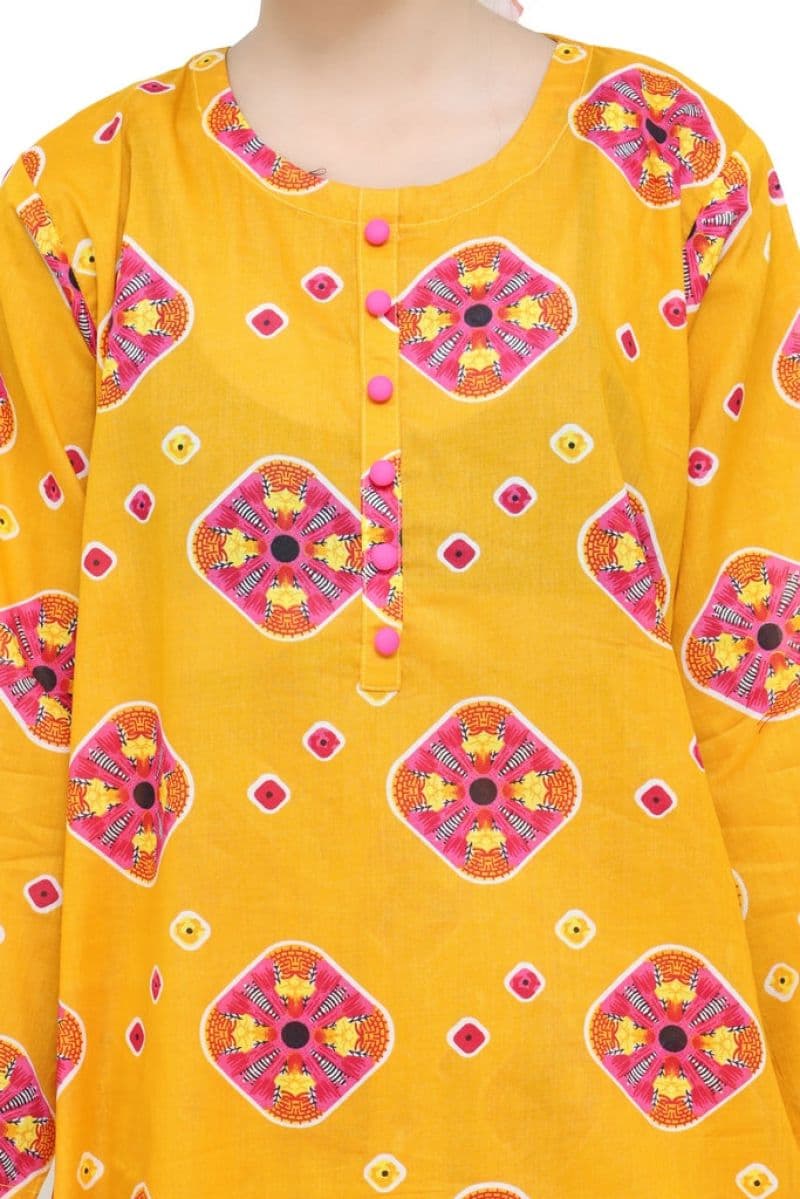Plum Digital Lawn Yellow Colour Printed Pink Orange Patterns with Pink buttons On 2 Pc stitched suit for Girls. thumbnail