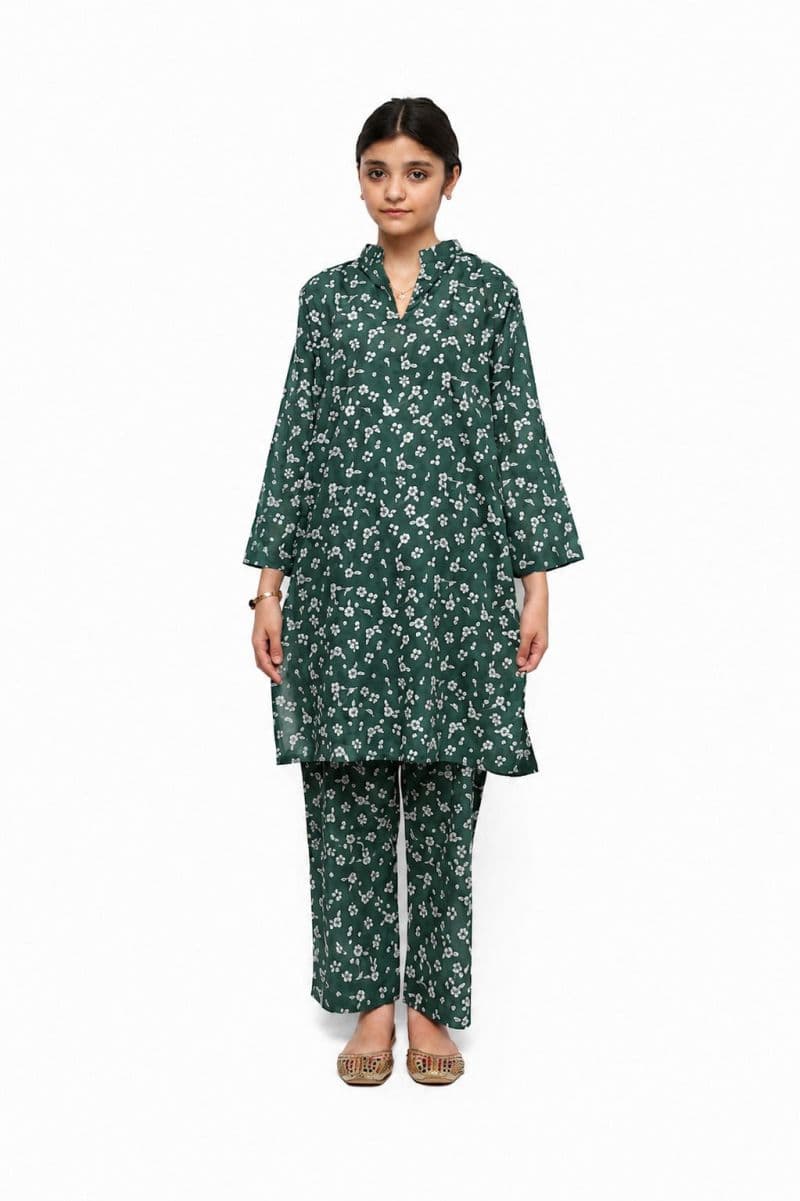 Plum Khaddar Teal Colour printed Off White flowers embroidered with Light Green threads on 2pc stitched suit for Girls thumbnail
