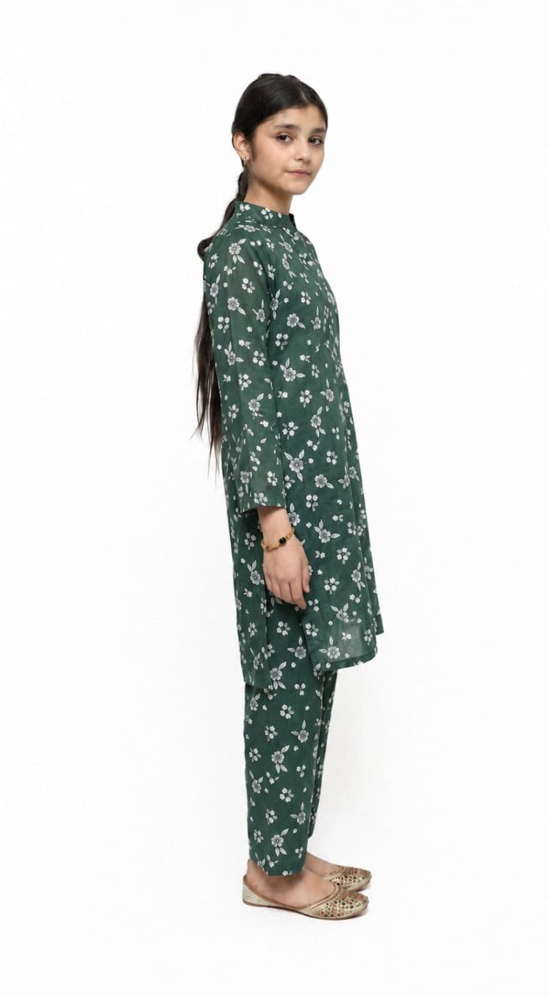 Plum Khaddar Teal Colour printed Off White flowers embroidered with Light Green threads on 2pc stitched suit for Girls thumbnail