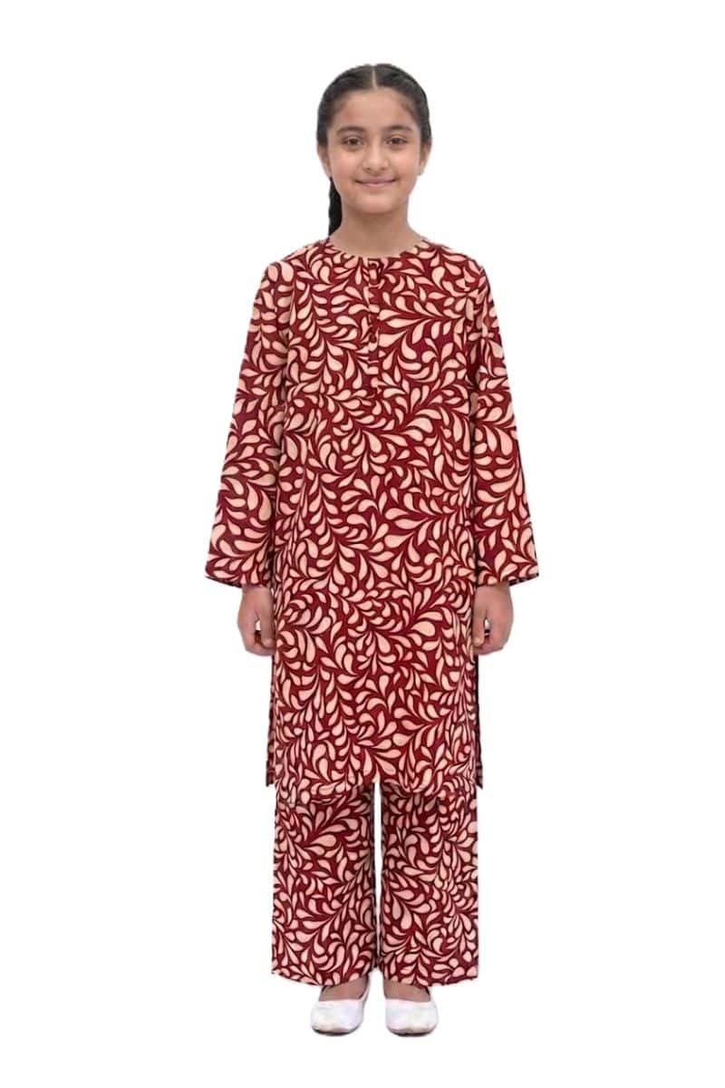 Plum Khaddar Rust Colour printed Off White Patterns with Red buttons on 2pc stitched suit for Girls