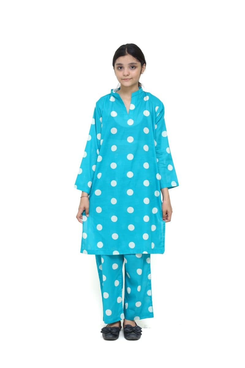 Plum Digital Lawn Sea Green Colour printed Off White Dots On 2 Pc stitched suit for Girls thumbnail