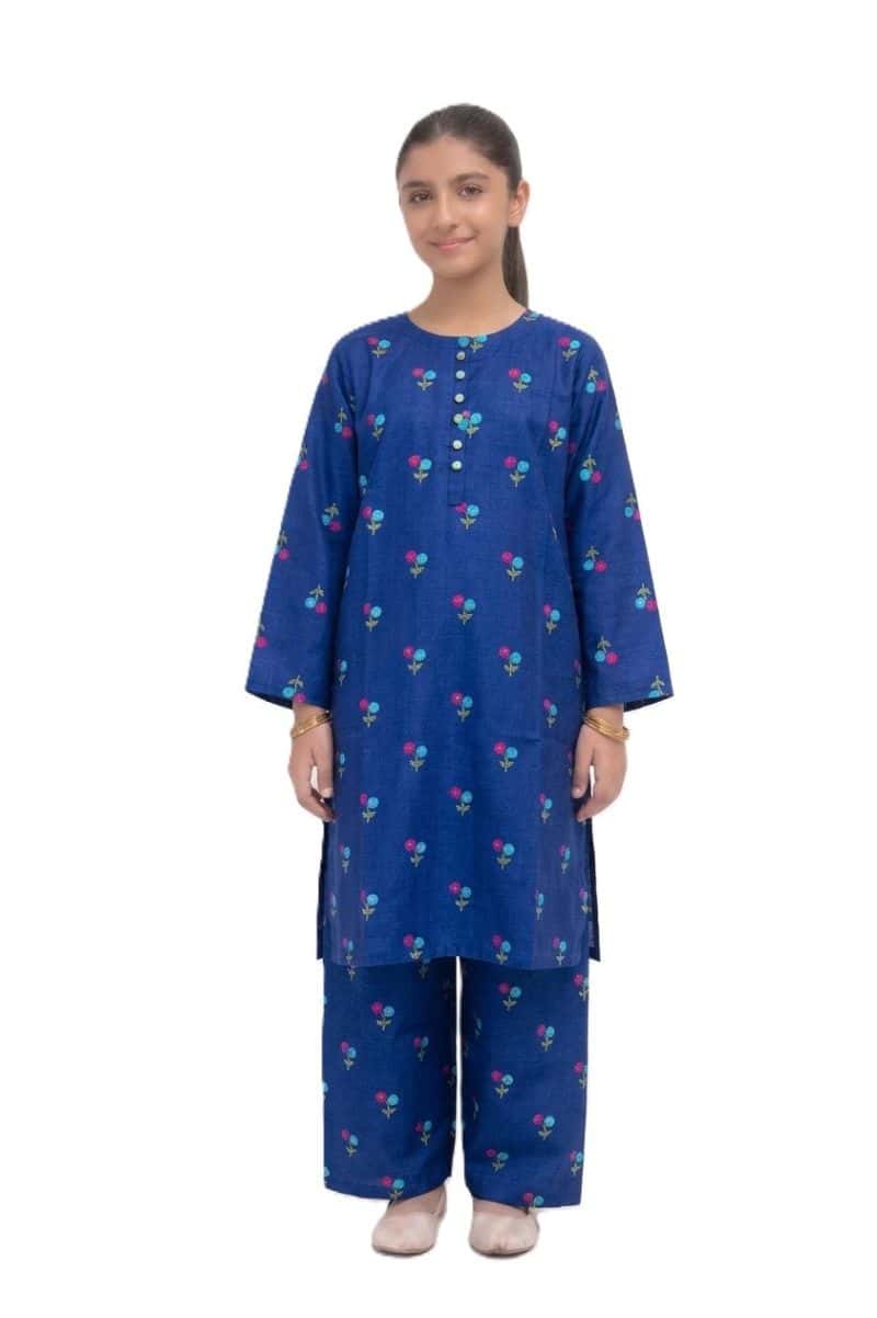 Plum Khaddar Blue Colour printed Pink Blue Flowers with Green buttons on 2pc stitched suit for Girls