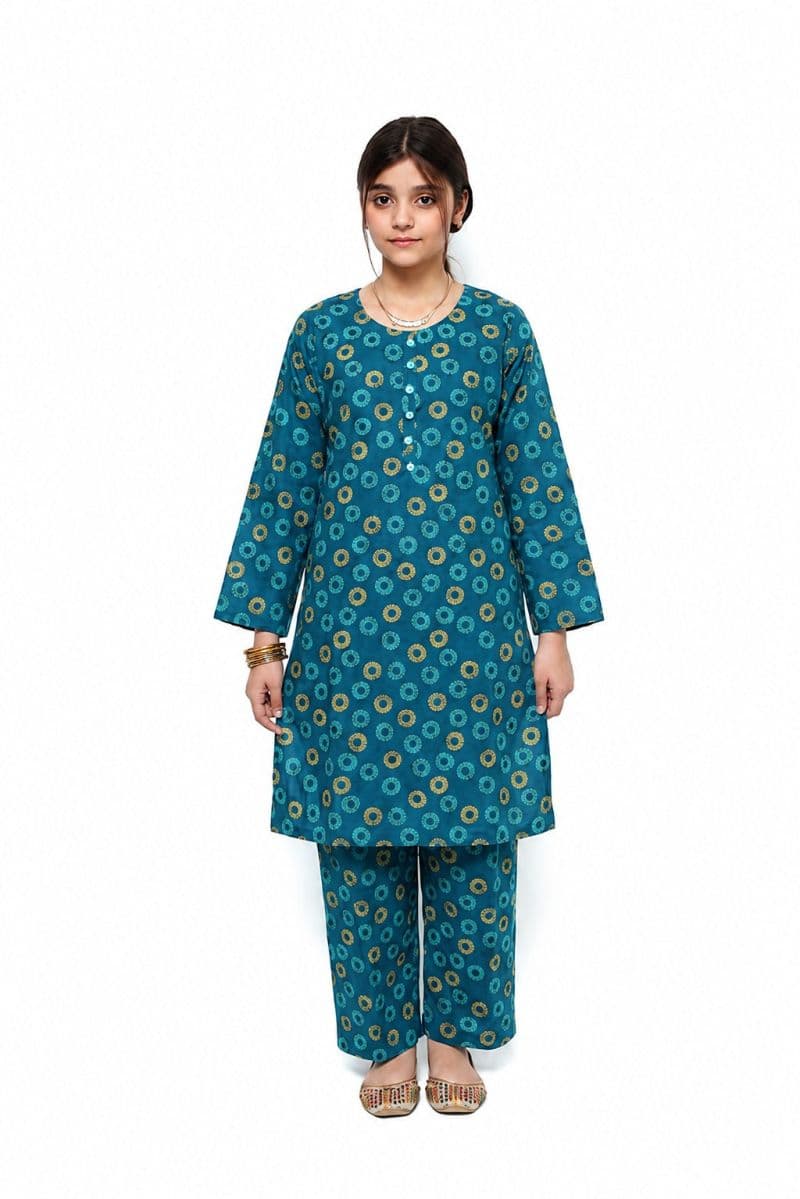 Plum Digital Lawn Teal Colour printed Yellow Blue Patterns with Sky Blue buttons On 2 Pc stitched suit for Girls thumbnail