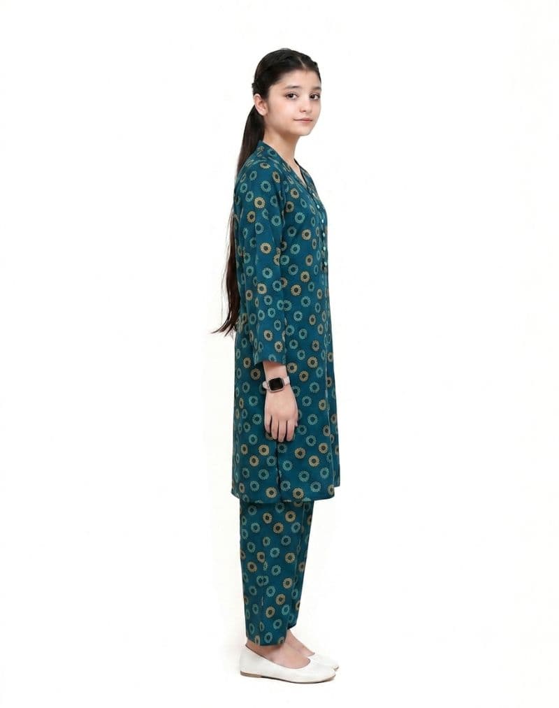 Plum Digital Lawn Teal Colour printed Yellow Blue Patterns with Sky Blue buttons On 2 Pc stitched suit for Girls thumbnail