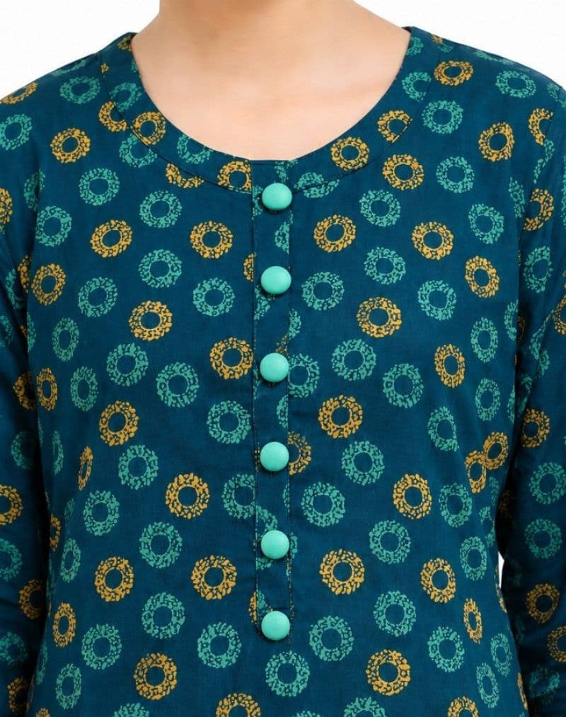 Plum Digital Lawn Teal Colour printed Yellow Blue Patterns with Sky Blue buttons On 2 Pc stitched suit for Girls thumbnail