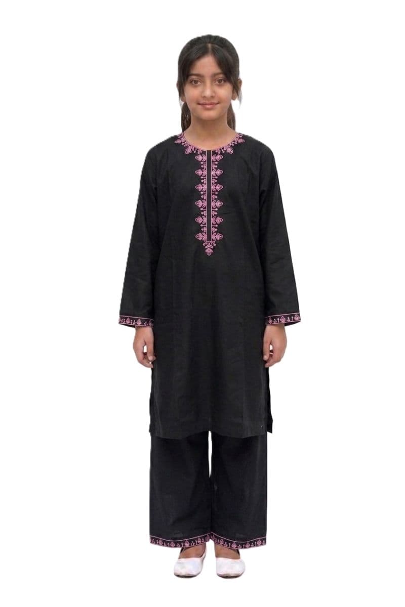 Plum 100% Cotton Lawn Black colour embroidered with Pink threads on 2pc stitched suit for Girls. thumbnail