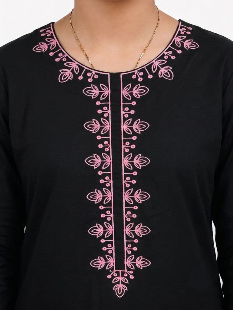 Plum 100% Cotton Lawn Black colour embroidered with Pink threads on 2pc stitched suit for Girls. thumbnail
