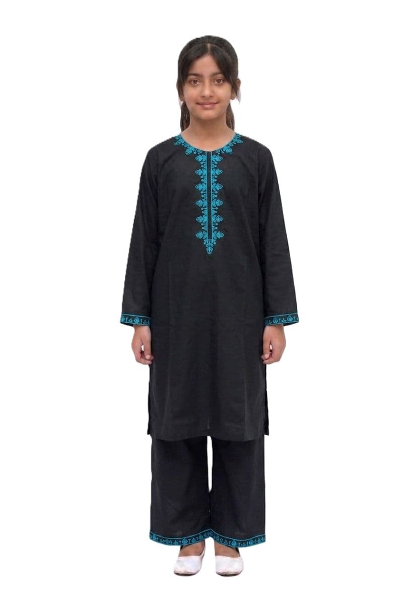 Plum 100% Cotton Lawn Black colour embroidered with Light Blue threads on 2pc stitched uit for Girls. thumbnail