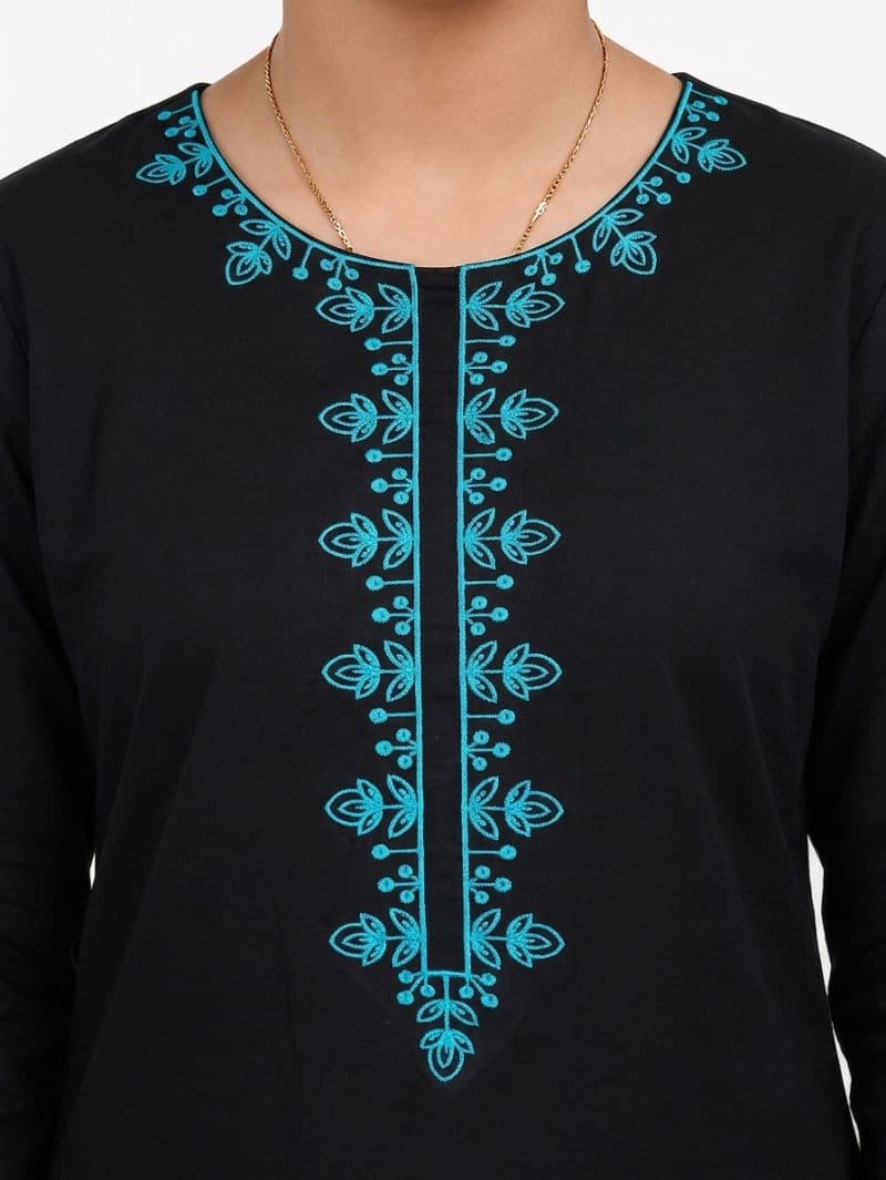 Plum 100% Cotton Lawn Black colour embroidered with Light Blue threads on 2pc stitched uit for Girls. thumbnail
