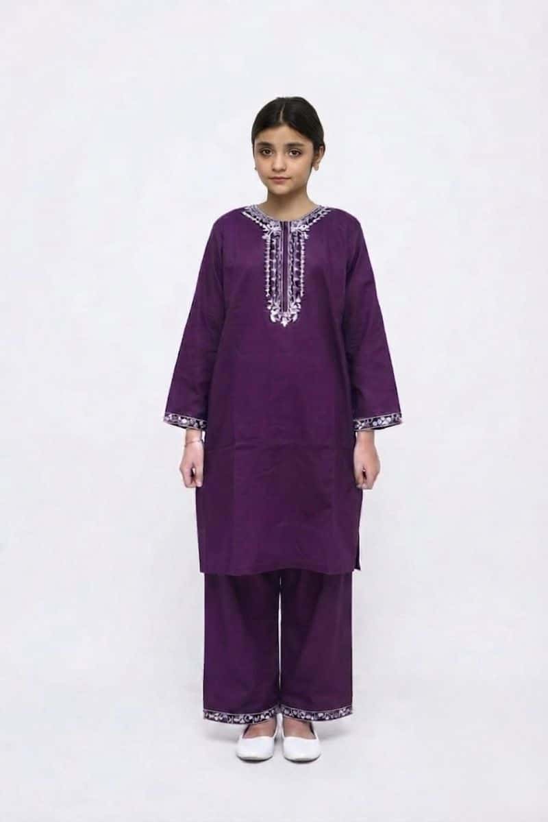 Plum 100 % Cotton Lawn Dark Purple colour embroidered with White threads on 2pc stitched suit for Girls.