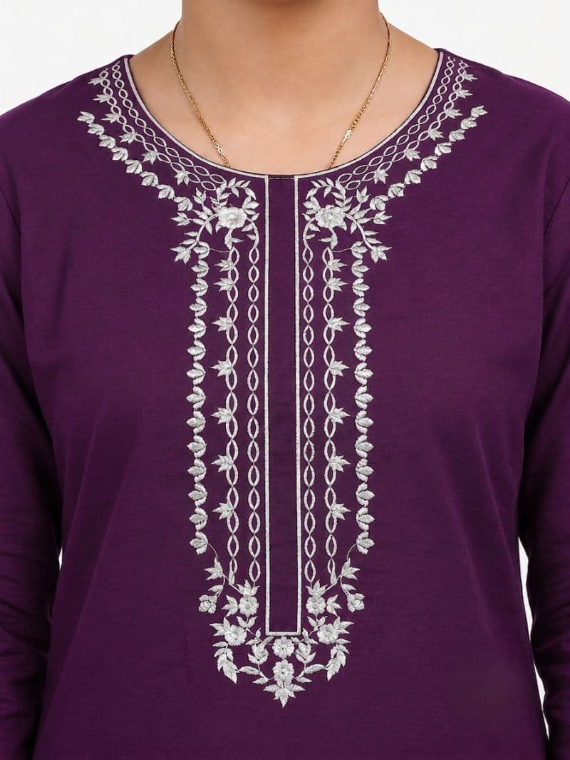 Plum 100 % Cotton Lawn Dark Purple colour embroidered with White threads on 2pc stitched suit for Girls. thumbnail