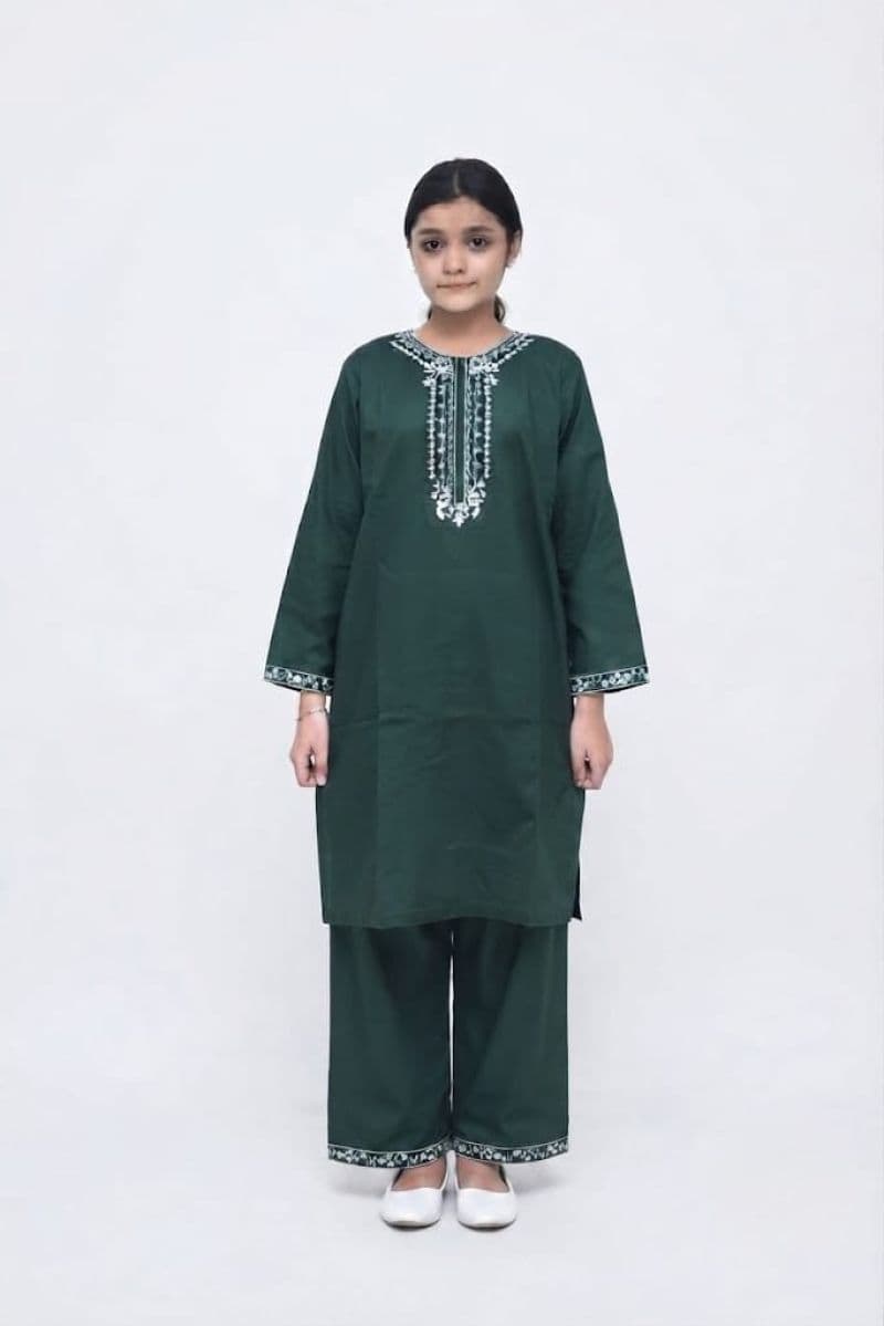Plum 100 % Cotton Lawn Dark Green colour embroidered with White threads on 2pc stitched suit for Girls. thumbnail