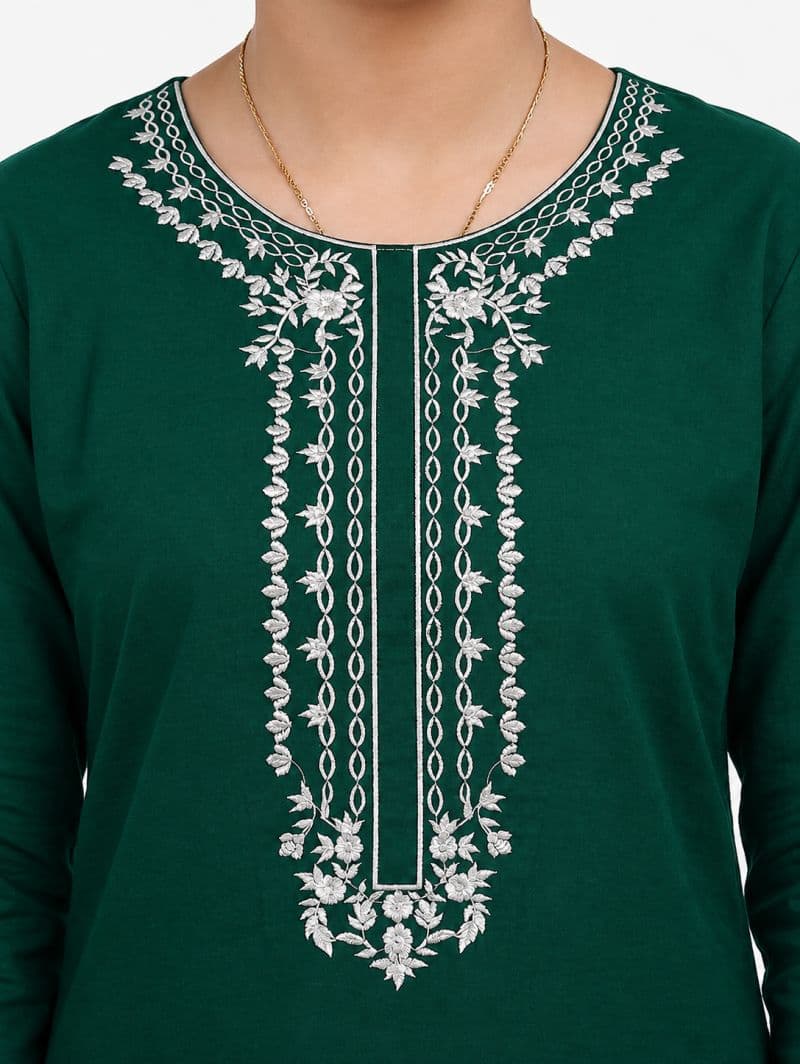 Plum 100 % Cotton Lawn Dark Green colour embroidered with White threads on 2pc stitched suit for Girls. thumbnail