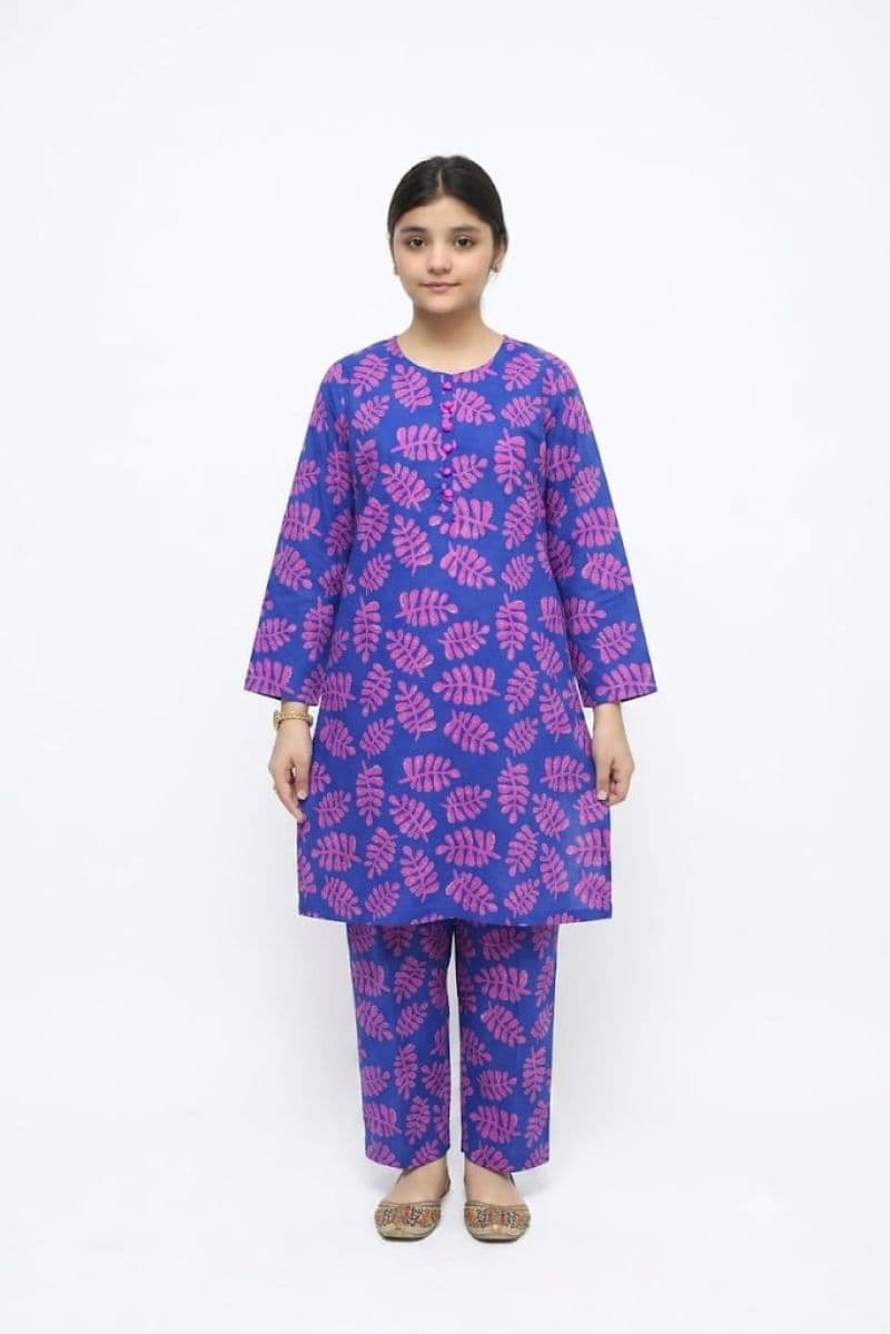 Plum Digital Lawn Blue Colour printed Pink Flowers With Pink Buttons On 2 Pc stitched suit for Girls thumbnail
