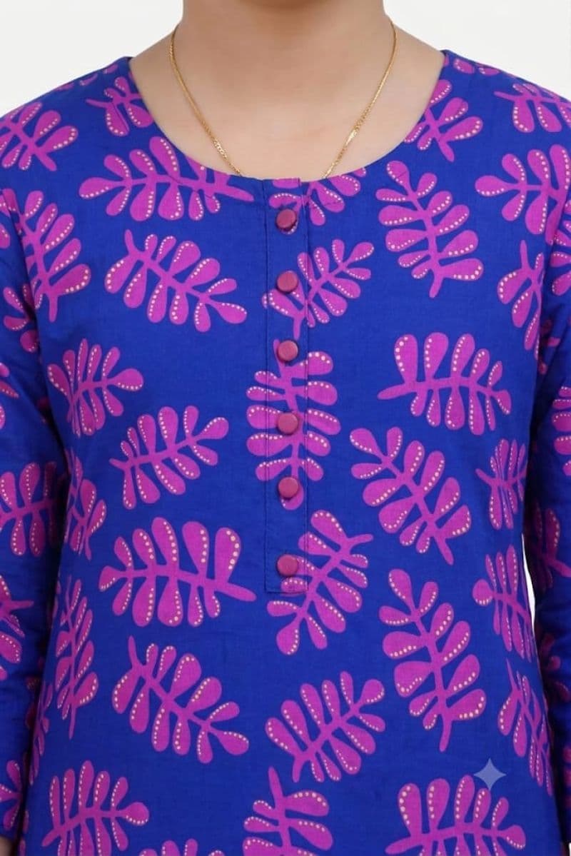 Plum Digital Lawn Blue Colour printed Pink Flowers With Pink Buttons On 2 Pc stitched suit for Girls thumbnail