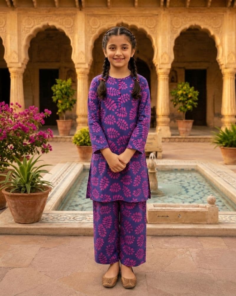 Plum Digital Lawn Blue Colour printed Pink Flowers With Pink Buttons On 2 Pc stitched suit for Girls thumbnail