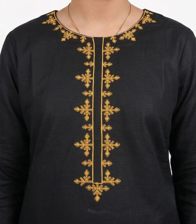 Plum Khadder Black colour embroidered with Dark Yellow threads on 2pc stitched suit for Girls. thumbnail