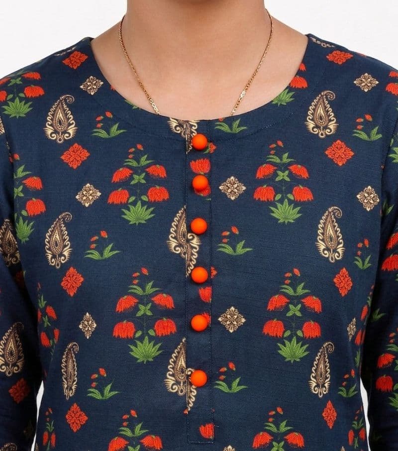 Plum Khaddar Dark Blue colour printed Green Red Flowers with Red buttons on 2pc stitched suit for Girls. thumbnail