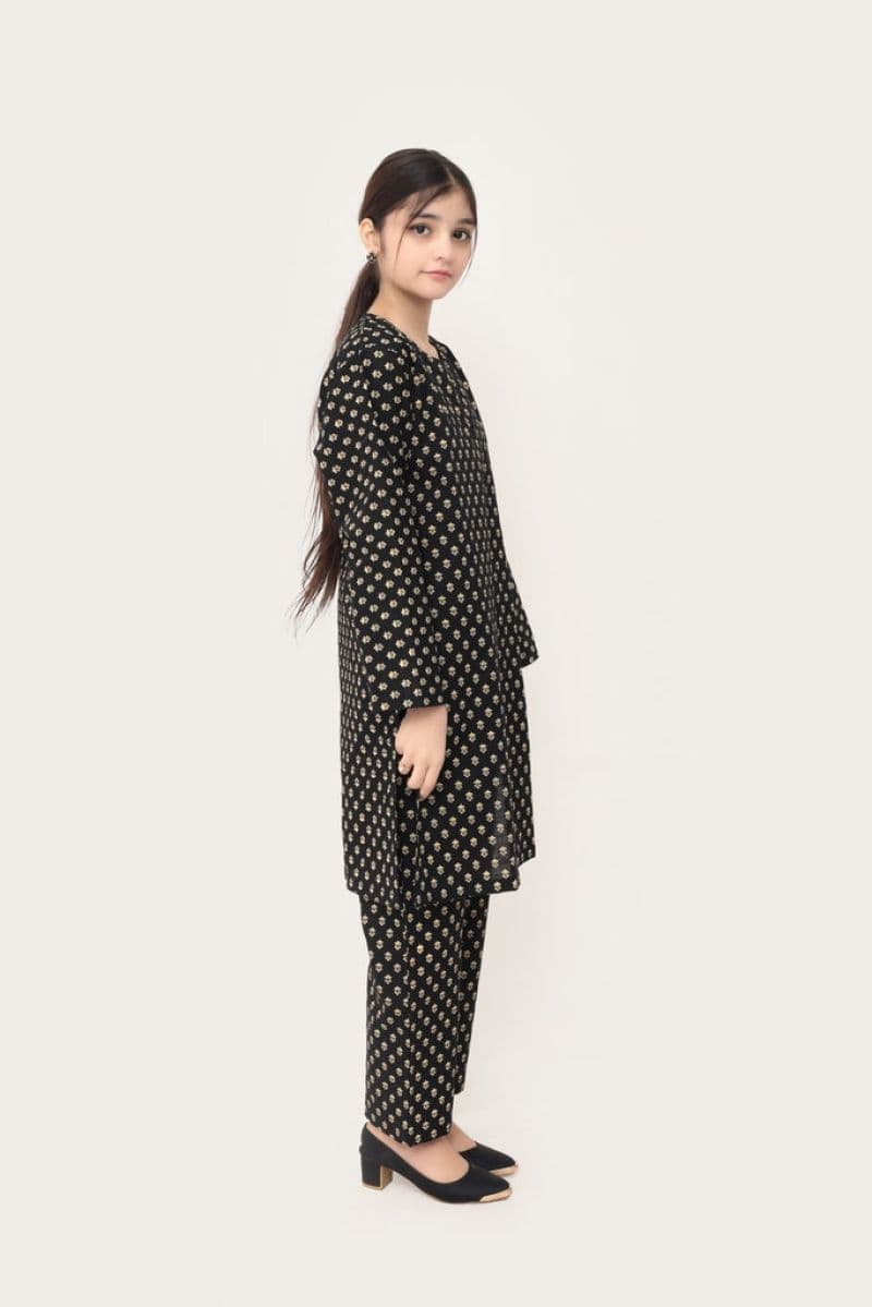 Plum Premium Khaddar Black Colour Printed White Bronze Flowers On 2 pc Stitched suit For Girls thumbnail