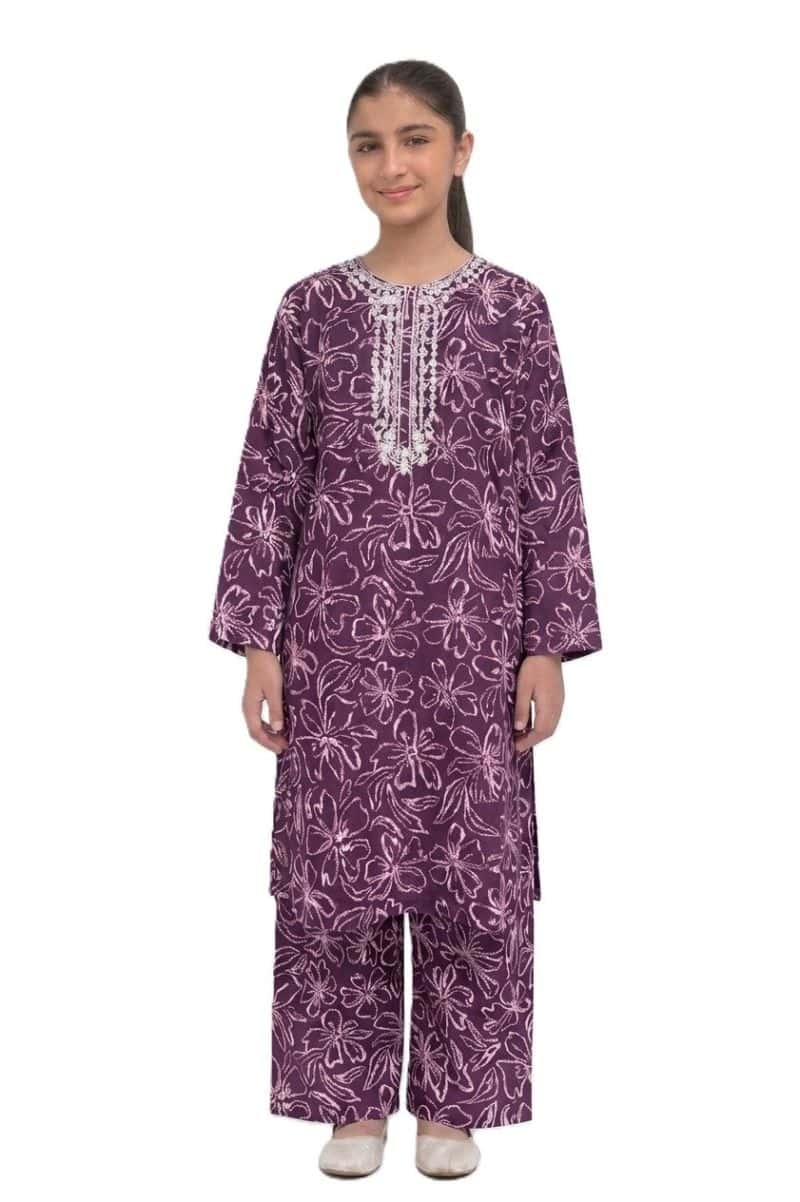 Plum Khaddar Purple Colour printed White Flowers embroidered with White threads on 2pc stitched suit for Girls
