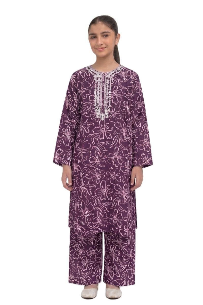 Plum Khaddar Purple Colour printed White Flowers embroidered with White threads on 2pc stitched suit for Girls thumbnail