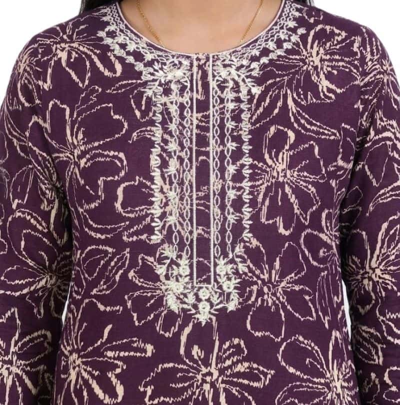 Plum Khaddar Purple Colour printed White Flowers embroidered with White threads on 2pc stitched suit for Girls - alternate view