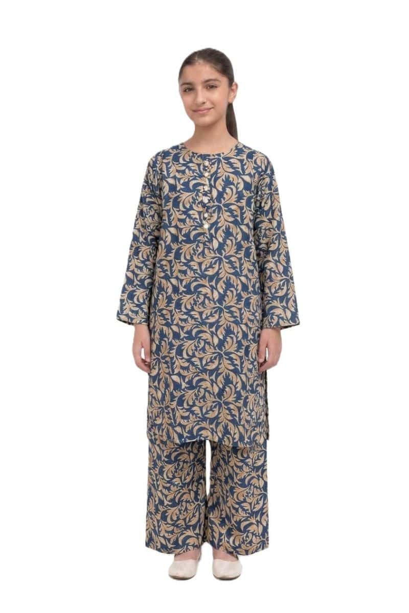 Plum Khaddar Teal & Beige colour with Beige buttons on 2pc stitched suit for Girls