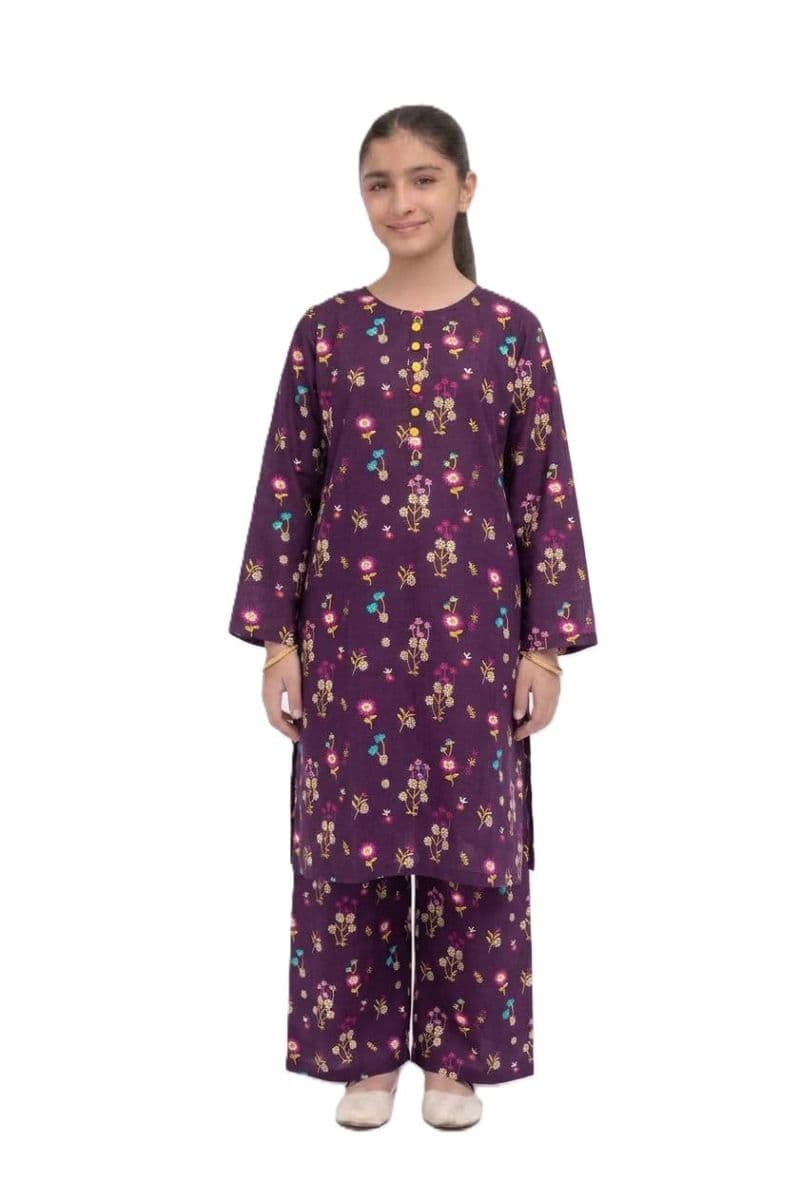 Plum Khaddar Dark Purple colour printed Purple Blue White Flowers with Yellow buttons on 2pc stitched suit for Girls thumbnail