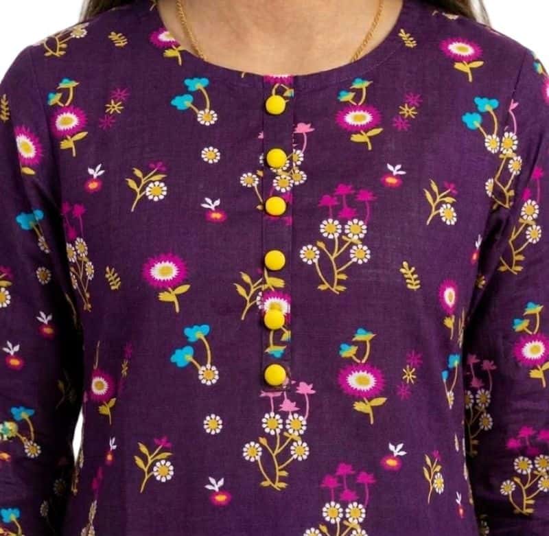 Plum Khaddar Dark Purple colour printed Purple Blue White Flowers with Yellow buttons on 2pc stitched suit for Girls - alternate view