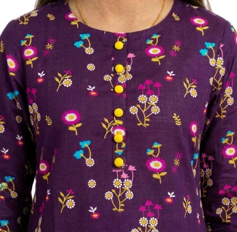 Plum Khaddar Dark Purple colour printed Purple Blue White Flowers with Yellow buttons on 2pc stitched suit for Girls thumbnail