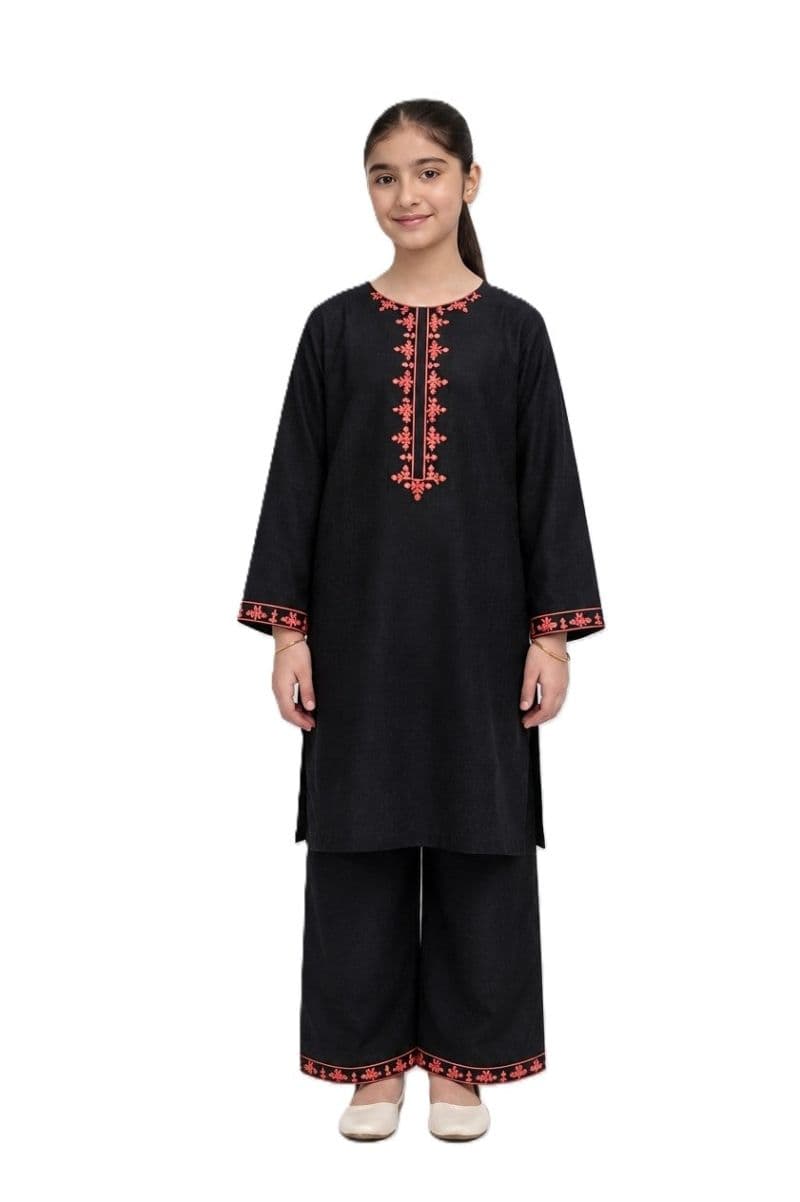 Plum Khaddar Black Colour embroidered with Rust Threads on 2pc stitched suit for Girls. thumbnail