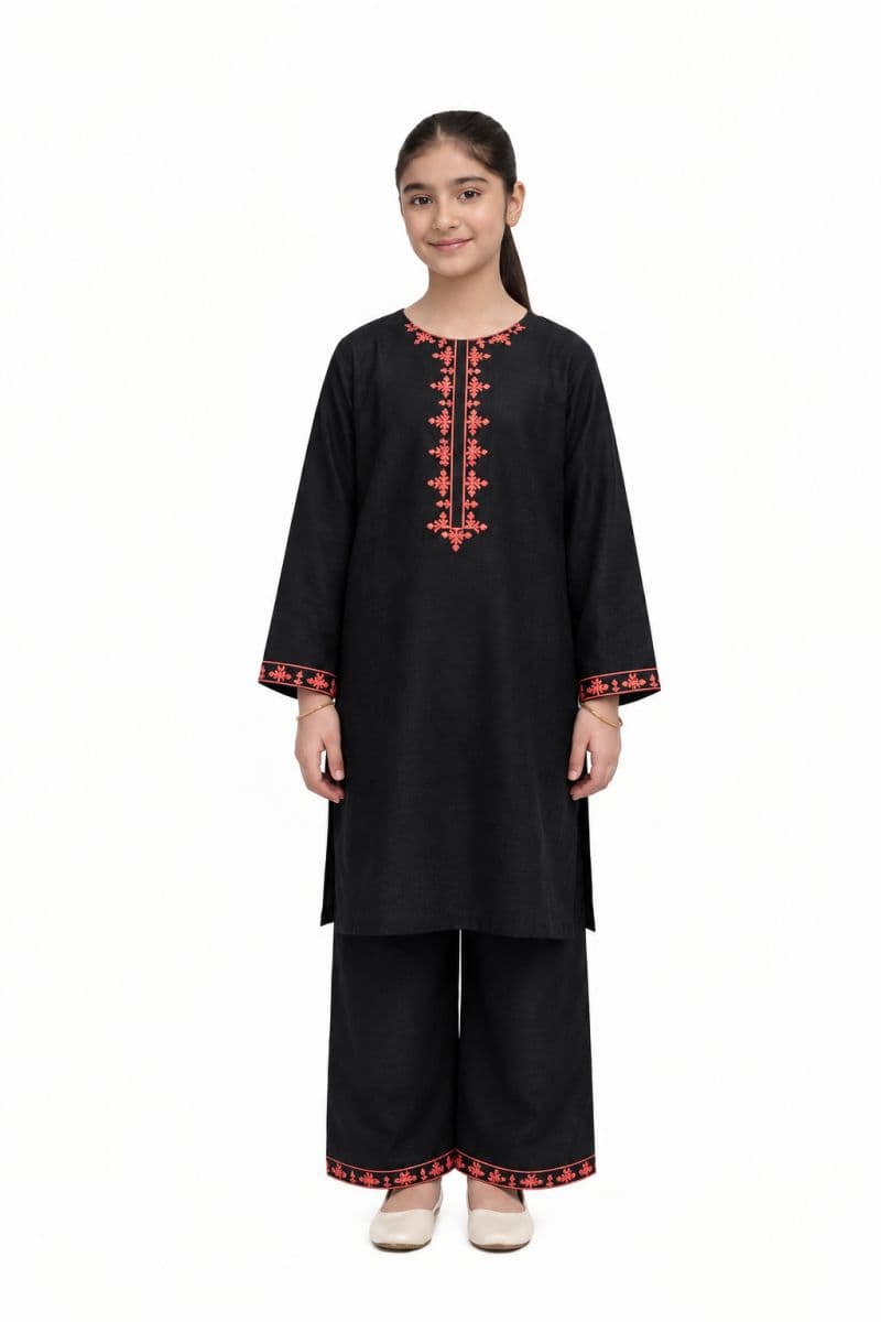 Plum Khaddar Black Colour embroidered with Rust Threads on 2pc stitched suit for Girls. thumbnail