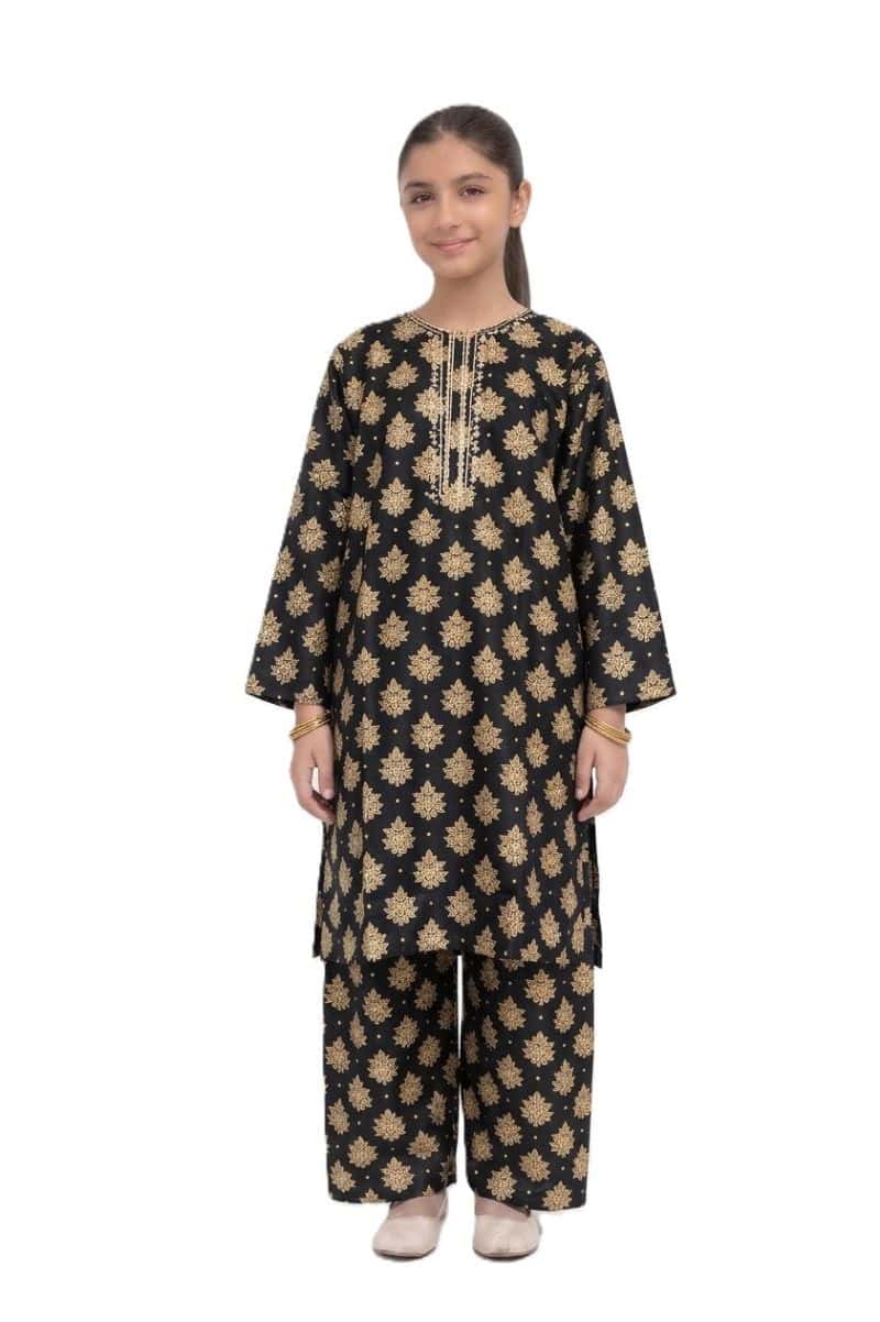 Plum Khaddar Back Colour printed Beige & Yellow patterns embroidered with Beige threads on 2pc stitched suit for Girls